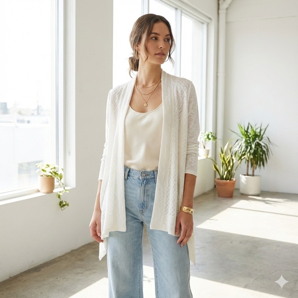 Eileen Fisher cream cotton linen open front draped cardigan - Medium